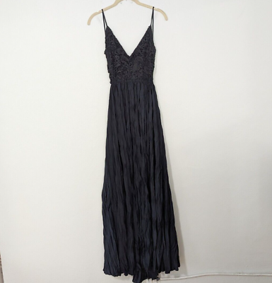 #ad Olivaceous NWT Crochet Bust Crinkle Maxi Dress Open Back Blue Size Medium M $41.99