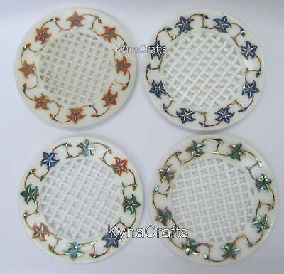 #ad 5 Inches Round Marble Soap Dish Gemstone Inlay Work Soap Holder Set of 4 Pieces $171.00