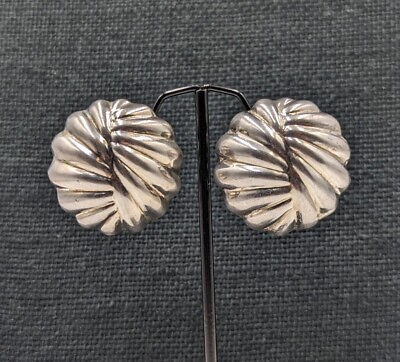 #ad Vtg Sterling Silver MM 34 MEXICO Fan Feathers Ribbed Round 925 Clip On Earrings $33.14