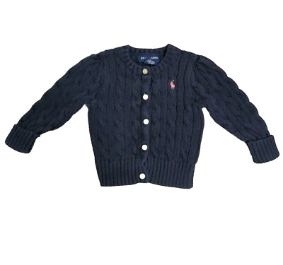 #ad Ralph Lauren Polo Logo Baby Girl Navy Cable Knit Pony Cardigan Sweater 12M $15.00
