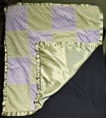 #ad CoCalo Baby Blanket Purple Lavender Green Minky Patchwork Squares Satin 30x30 $26.49