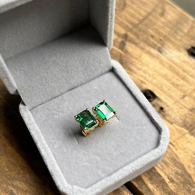 #ad 8x6mm Emerald Cut Green Emerald Stud Earrings Lab Created 14K Yellow Gold Finish $50.99