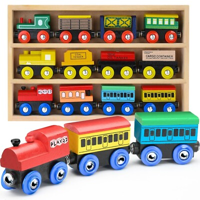 #ad Wooden Train Set 12 Pcs Magnetic Includes 3 Engines Toy Train Sets for Kids $24.99