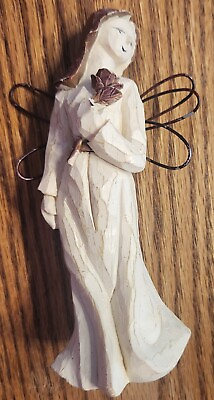 #ad Vintage Angel Holding Rose Willow Tree Wood Carved Look Christmas Figurine $3.49