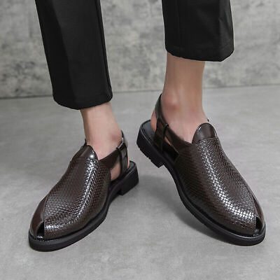 #ad Men Sandals Brown Black Woven Pu Leather Sandals Dress Shoes $74.07