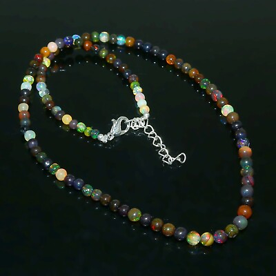 #ad 925 Sterling Silver Genuine Ethiopian Black Round opal Beaded Strand Necklace $66.71