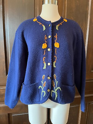#ad Tally Ho Womens Vintage Cardigan Sweater Embroidered Fall Wheat Navy Blue Size L $29.99