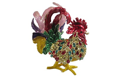 #ad Bejeweled quot; Rainbow Large Rooster quot; Hinged Metal Enameled Rhinestone Trinket box $24.50