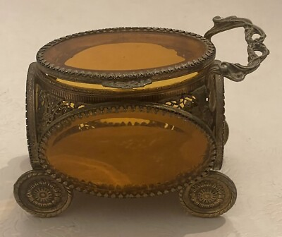 #ad Vintage Ormolu Filigree Carriage Jewelry Box Amber Beveled Glass Boudoir Casket $159.97
