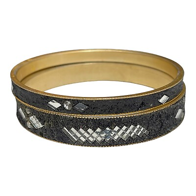 #ad 2 Gold Tone Black Sparkle Bracelets Mirror and Rhinestone Inlay Unmarked Glitter $5.60