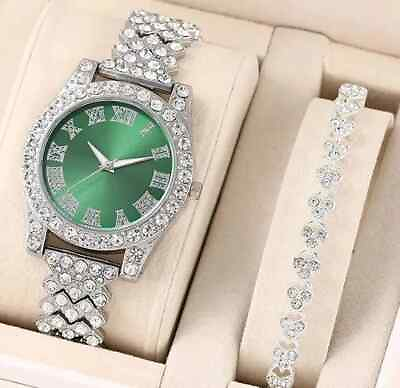 #ad Luxury Green Silver Rhinestone Paved Band Quartz Watch amp; Match Crystal Bracelet $17.98