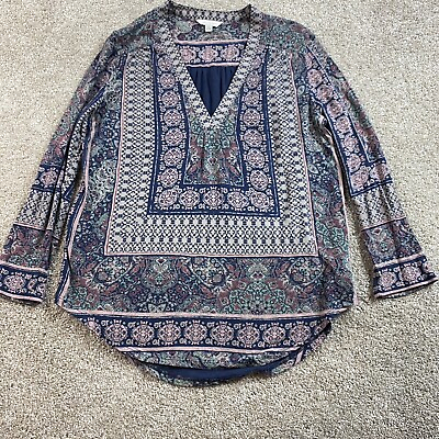 #ad Lucky Brand Womens Floral Knit Top S Blue Pink Boho Festival Long Sleeve $14.99