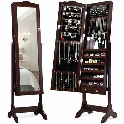 #ad Jewelry Mirrored Cabinet Armoire Storage Organizer w Drawer amp; Led Lights Brown $109.99