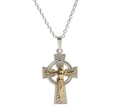 #ad QVC Sterling Silver Celtic Cross Crucifix Pendant with 14K Yellow Gold Plating $68.99
