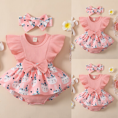 Newborn Baby Girls Ribbed Clothes Floral Romper Bodysuit Dress Headband Outfit $18.42