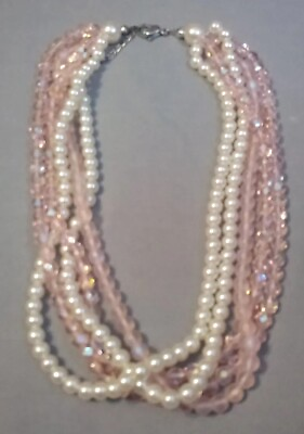 #ad Vintage Napier Pink White 5 Strand Faux Pearls Glass Beads Necklace Stunning $21.95