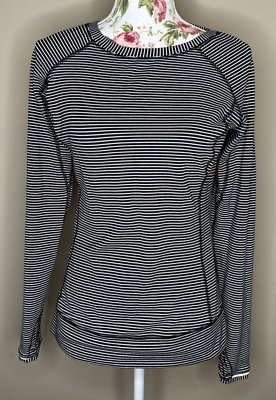 #ad Lululemon Shirt Womens Sz 8 Race Your Pace Long Sleeve Hyper Stripe Black White $42.24