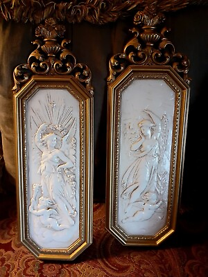 #ad 2 70s Homco Cameo Hollywood Regency Wall Plaques Angels Gold Orate Frame Mid Cen $54.99