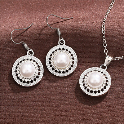 #ad Fashion Women White Pearl 925 Silver Necklace Drop Earrings Wedding Jewelry Set C $4.12