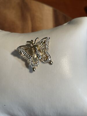 #ad 14k Yellow Gold Butterfly With Diamonds In Wings Body Pendant Brooch Signed HN $225.00