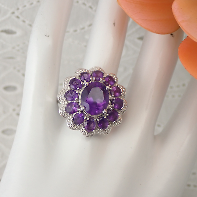 #ad Fine Amethyst Halo Sterling Silver Statement Size 9 3 4 Ring Weighs 9.4 Grams $49.95