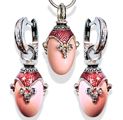 #ad #ad Pink Coral 925 Sterling Faberge Egg Jewelry Set Swarovski Crystals Enamel Hoops $269.00