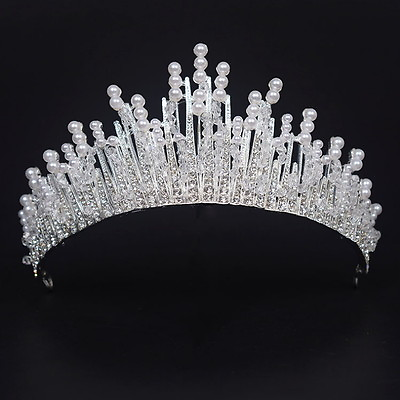 #ad 7cm Tall Sparking Crystal Beads Peal White Wedding Party Pageant Prom Tiara AU $19.49