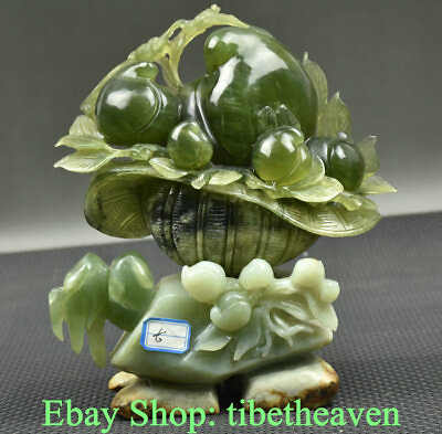 #ad 9.2quot; China Dongbei Xiu Jade Hand Carved Flower Basket Peach Yu Base Sculpture $780.00