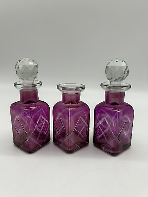 #ad Set Of 3 Lavender Iridescent Cut To Clear Art Glass Perfume Bottles $24.99