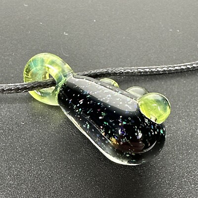 #ad Handmade Art Glass Pendant Crushed Opal Sparkle Teardrop Green Accents Boro Bead $29.99