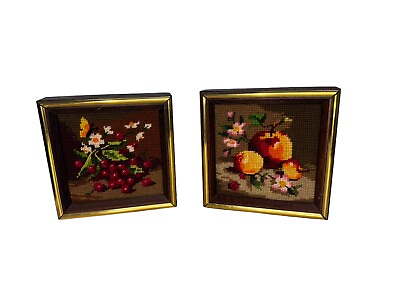 #ad Vintage Needlepoint Fruit Gold Wood Frame Wall Art MCM Handmade Set Of 2 $18.00