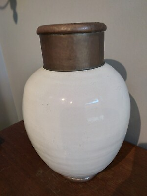 #ad Terracotta vase with white glaze copper neck $115.00