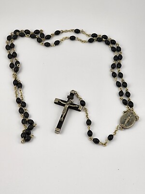 #ad Black Plastic Bead Wood Crucifix Miraculous Rosary $19.99