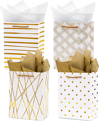 #ad 9quot; Gift Bags Medium Size with Tissue Paper 4 Pack White Gold Wrap Paper Gift Ba $14.99