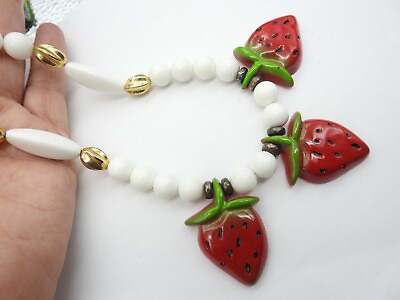 #ad Red Green Colored Resin Strawberry White Lucite Beaded Necklace Vintage $11.96