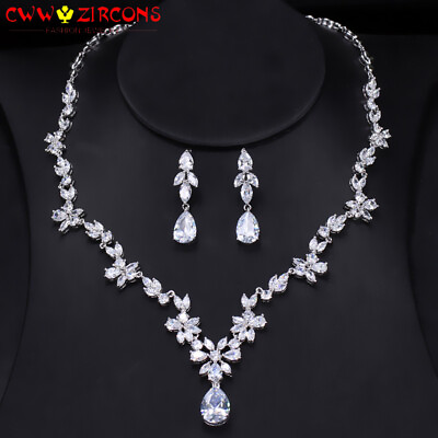 #ad Silver Plated White CZ Necklace Earrings Jewelry Sets Bridal Costume Accessories $18.98