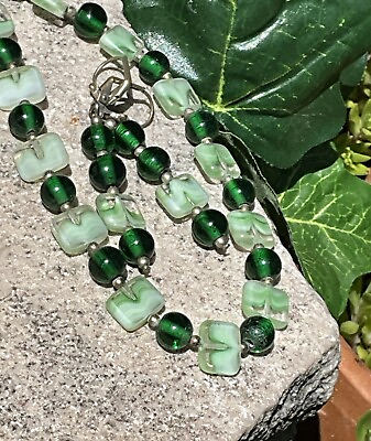 #ad Vintage Green Art Glass Bead Necklace Earrings Jewelry Set $29.86
