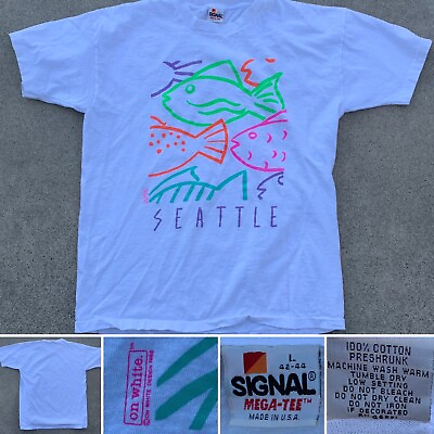 #ad vintage Seattle t shirt neon fish graphic tee on white 1988 single stitch 80s L $75.50