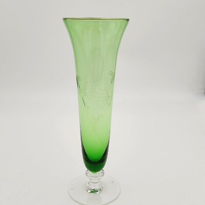 #ad Green Etched Blown Glass Bud Vase Grapes Leaves Vines Clear Foot Napco Potteries $9.80