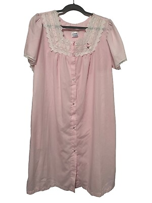 #ad MEDIUM Vintage CAROLE Nightgown Short Sleeve Button Down PINK w 2 Side Pockets $15.99