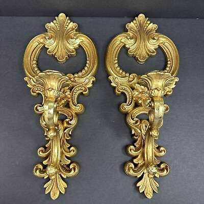 #ad Vtg 1977 Hollywood Regency Candle Wall Sconces Bright Gold Dart 4204 15quot; x 6.5” $29.99