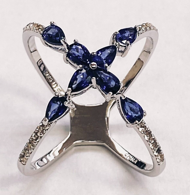 #ad QVC Affinity Gems Precious Simulated Sapphire Criss Cross Ring Sterling Size 10 $99.99