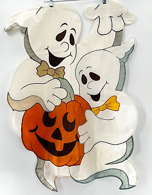 #ad Vintage Cut Out Ghosts and Pumpkin Full Size Yard Flag Outdoor Halloween Decor $9.49