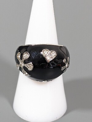#ad Silver Tone Black Enamel Daisy Flower Heart Rhinestone Dome Cocktail Ring Sz 7.5 $6.99