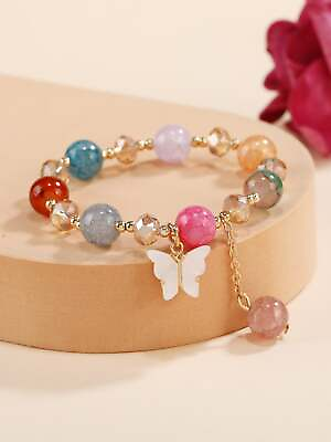 #ad Mixed Colorf Butterfly Charm Bead Decor Bracelet Stackable Stretch Bracelets $6.32