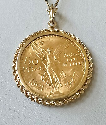 #ad 925 Sterling Silver 50 Pesos Moneda Mexican Pendant 14K Yellow Gold Plated $202.49