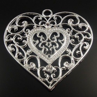 #ad 3PCS Silver Plated 58x56mm Hollowed Floral Heart Pendant Charms Jewelry Making $4.74