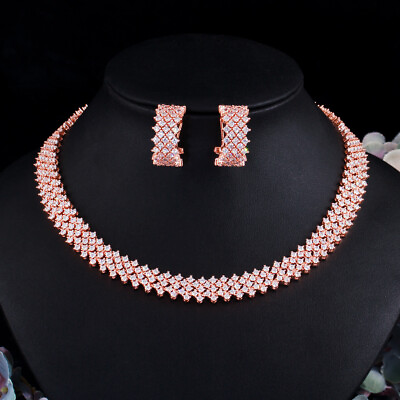 #ad #ad 585 Rose Gold Plated CZ Women Choker Round Tennis Necklace Earrings Jewelry Set $28.60