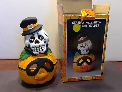 #ad Vintage Pumpkin Time Ceramic Halloween Tealight Holder Skull on JAck O Lantern $8.99