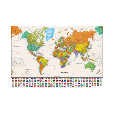 #ad MAP OF THE WORLD VINTAGE MAP WITH FLAGS WALL POSTER PRINT SIZE 59*39in $12.22